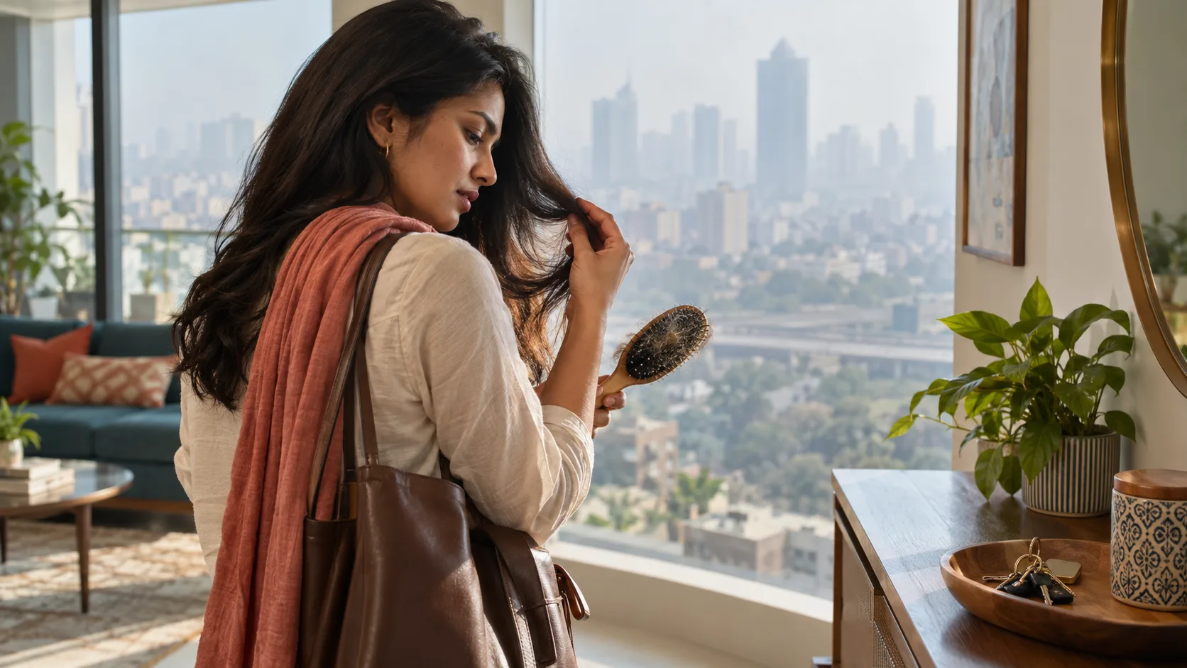 Woman Inspecting Hair by the Window