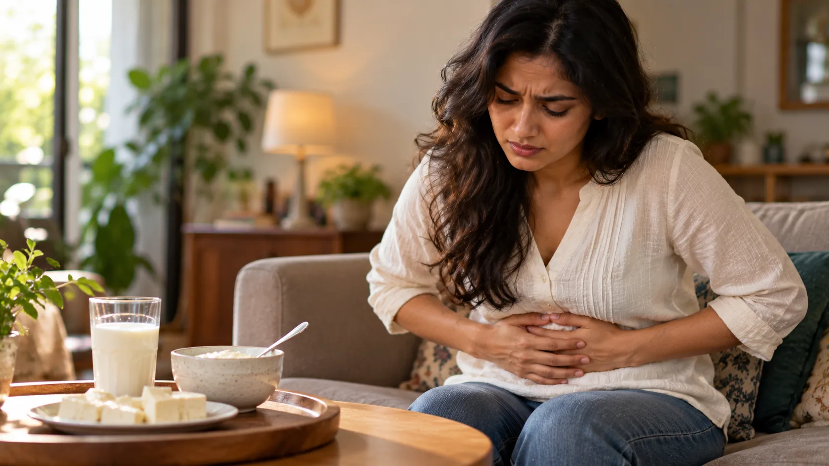 Stomach Discomfort in a Cozy Living Room