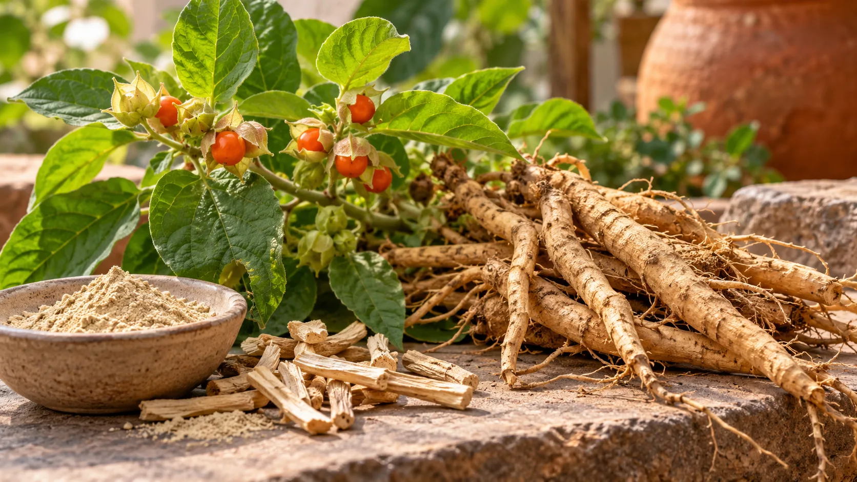 Ashwagandha Roots and Berries Still Life