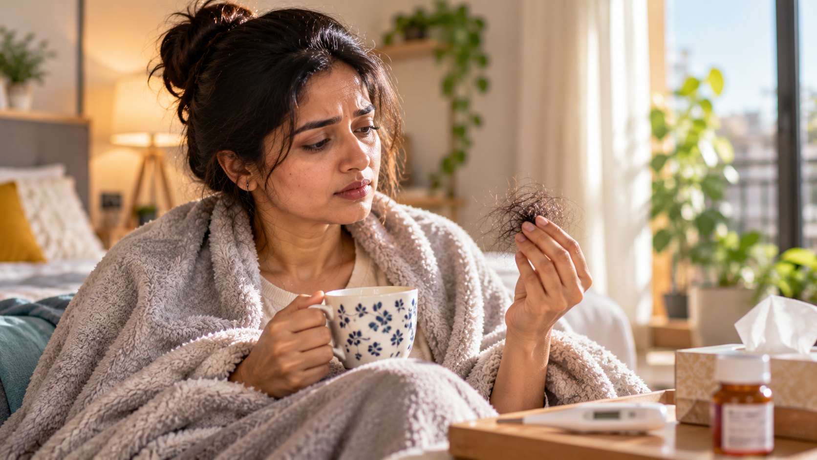 Worried Woman Recovering with Warm Tea