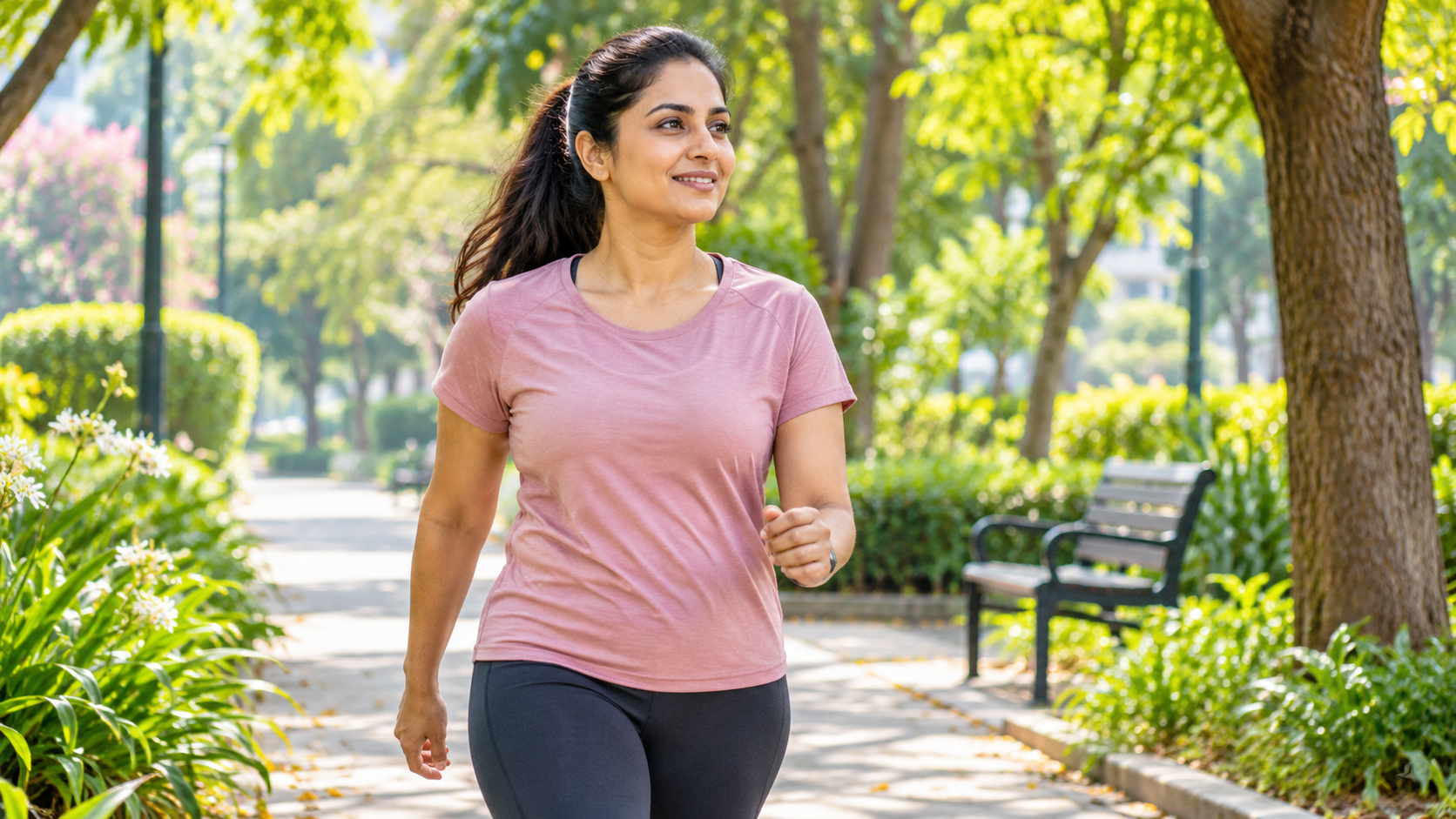 Woman Jogging Through a Sunlit Park