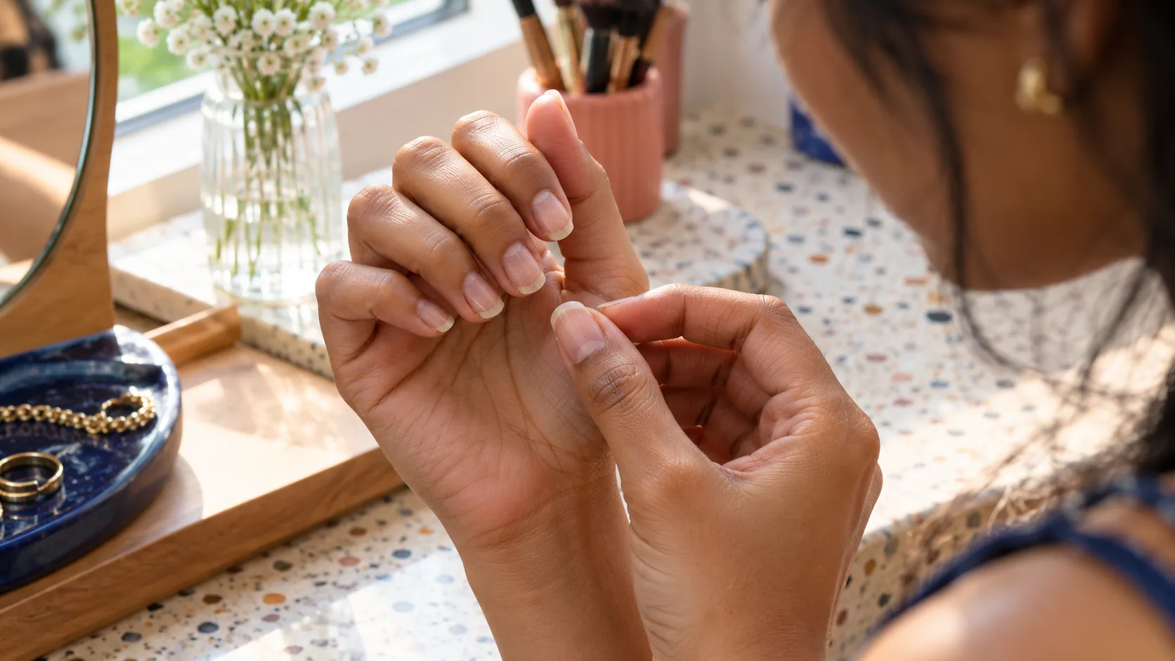 Natural Nail Care at a Sunlit Vanity