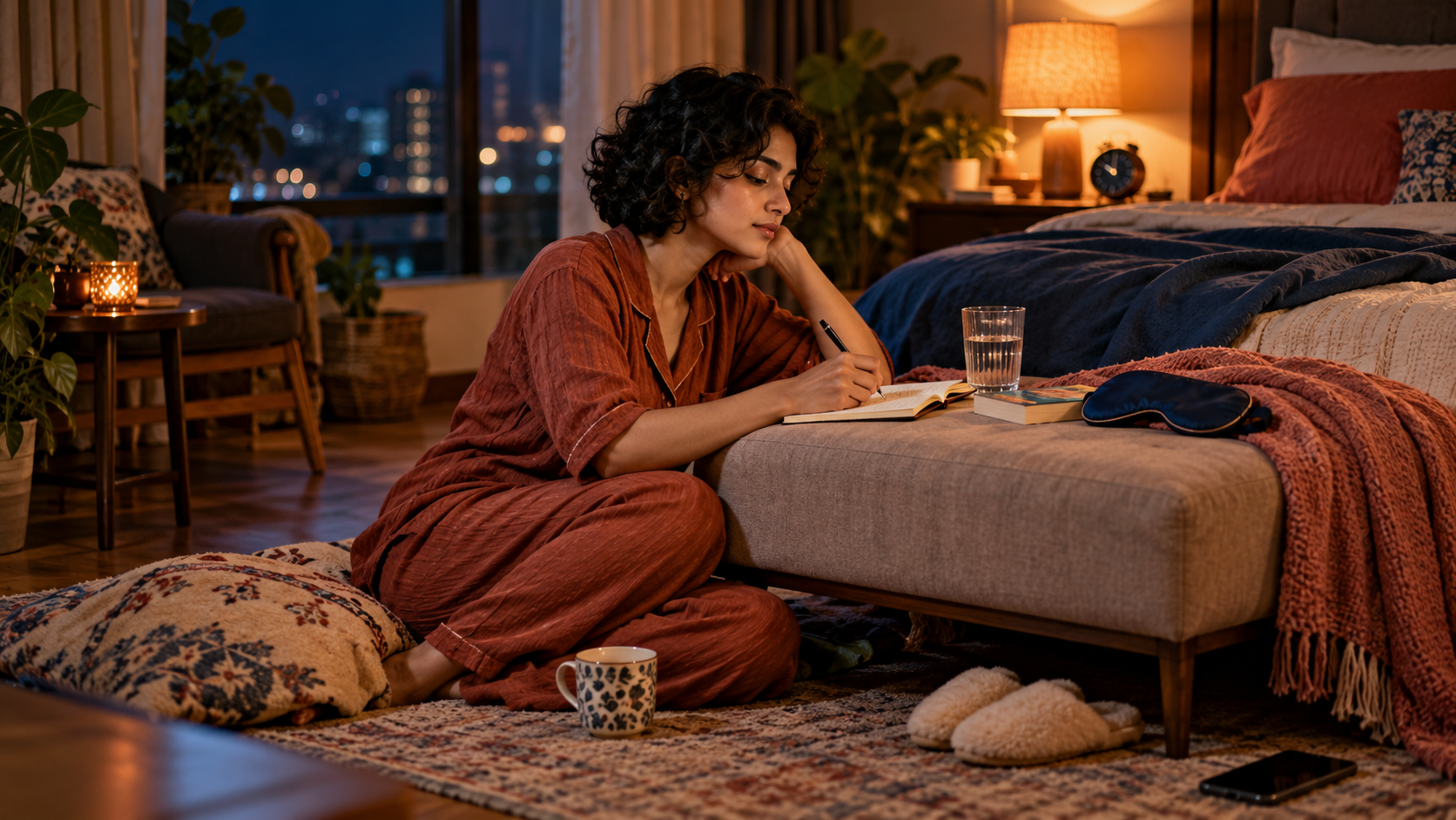 Nighttime Journaling in a Cozy Bedroom