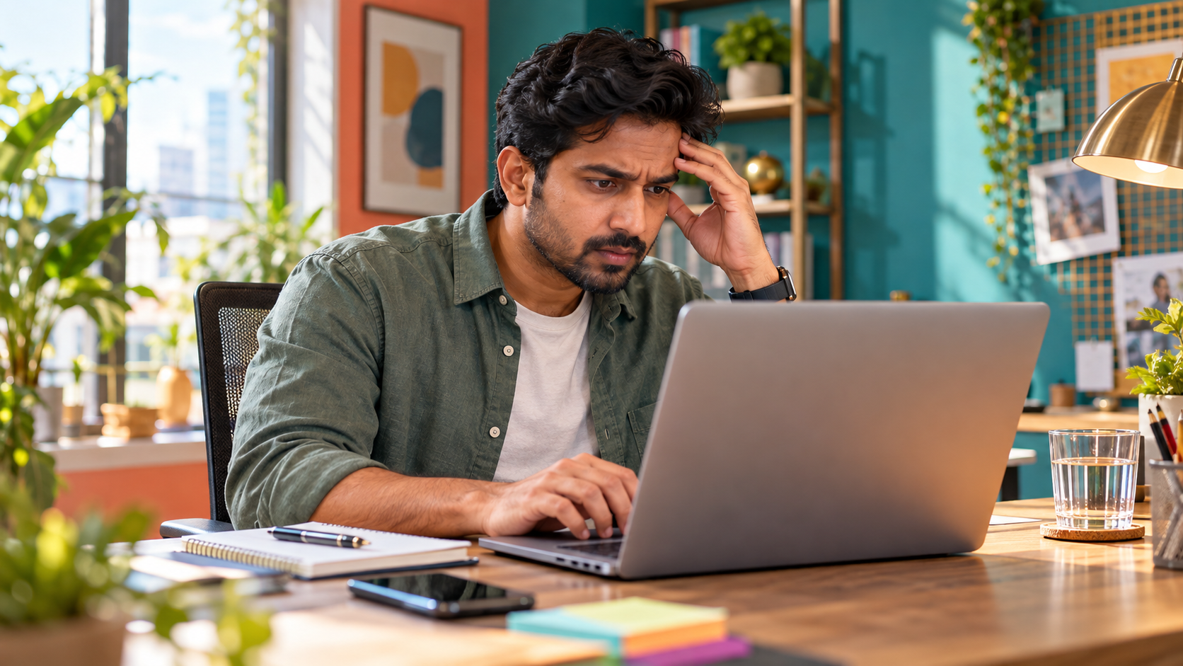Concerned Focus in a Modern Workspace