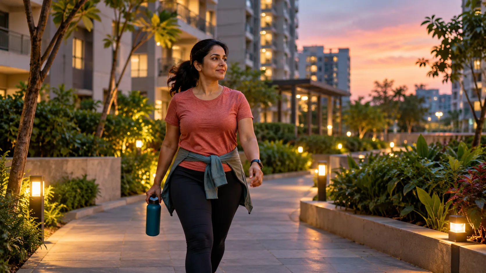 Sunset Walk in a Lush Apartment Complex