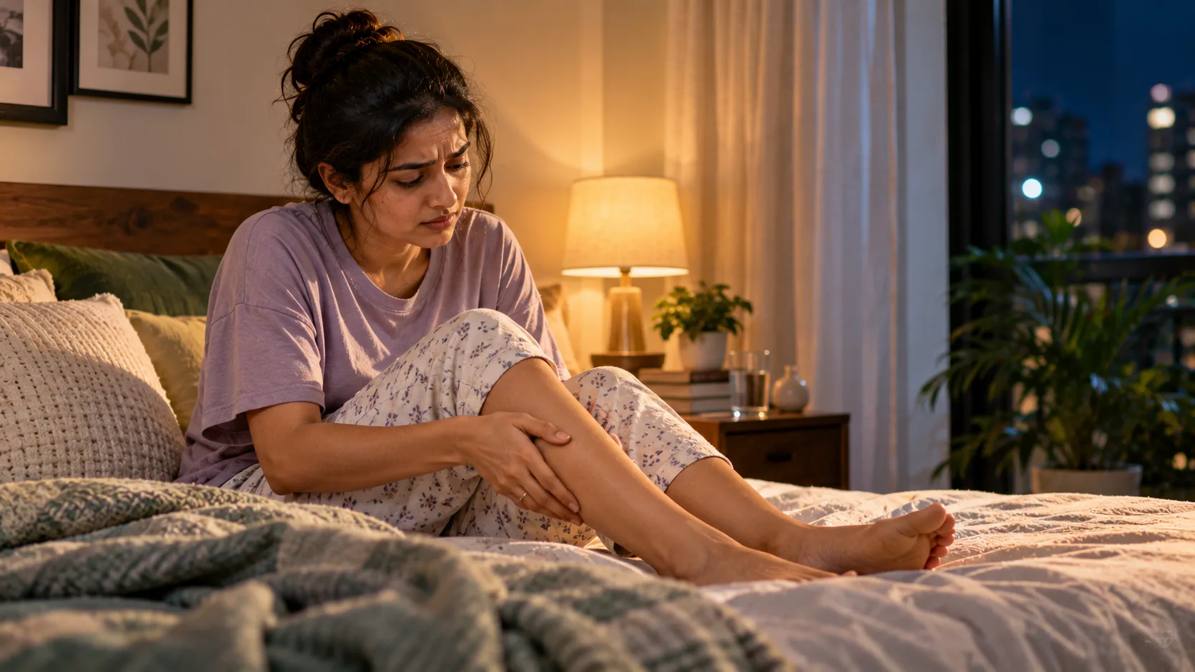 Cozy Nighttime Leg Discomfort in Bedroom