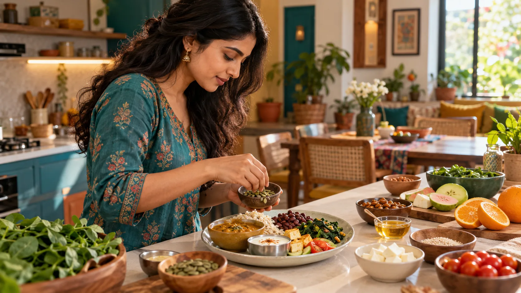 Healthy Thali Preparation in a Sunlit Kitchen