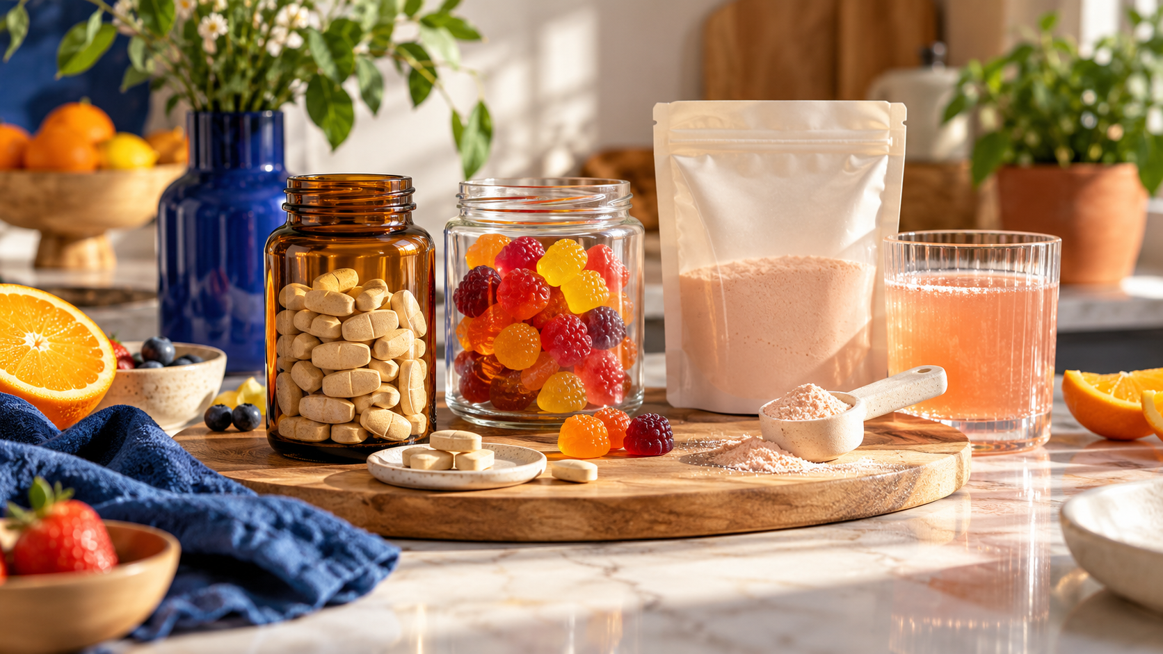 Vibrant Vitamins and Fresh Fruit Display