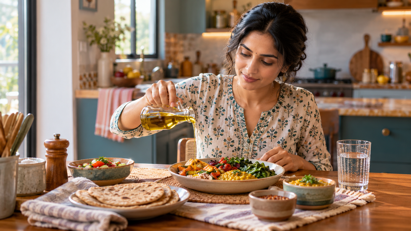 Warm Kitchen Oil Drizzle and Wholesome Meal